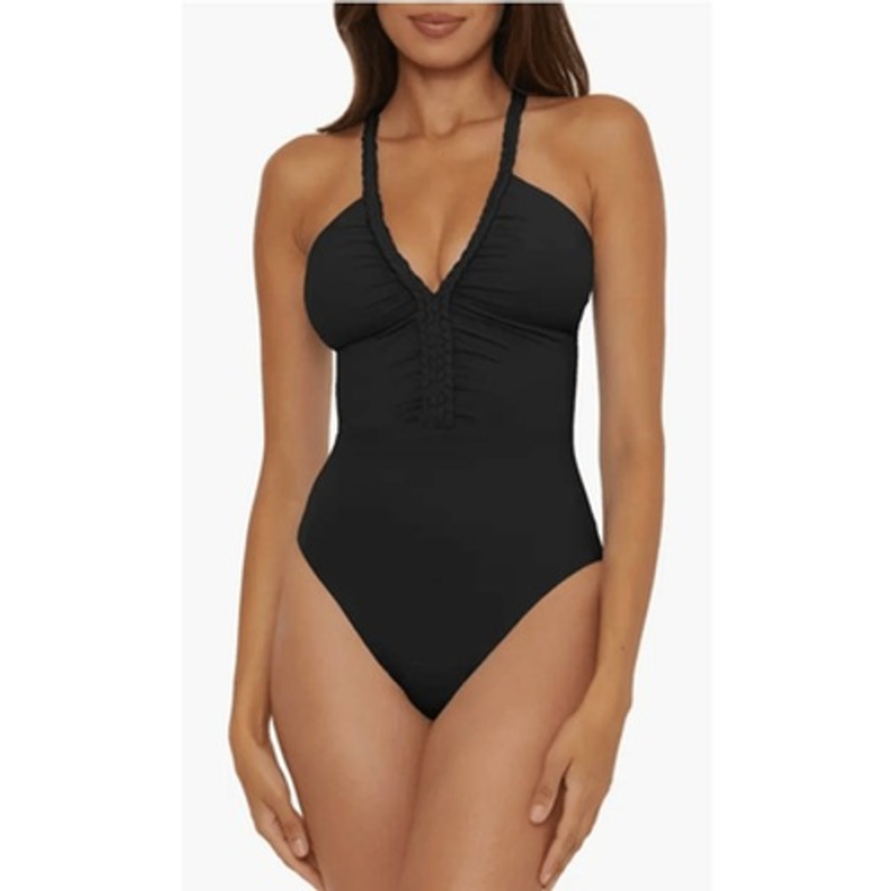 Soluna Swim Black Braided V-Neck Lace Up Back One Piece Swimsuit Size Large NEW